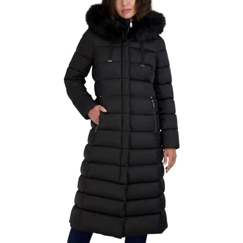 TAHARI Women's Maxi Puffer Coat, Attached Bib, Faux Fur Hood Trim